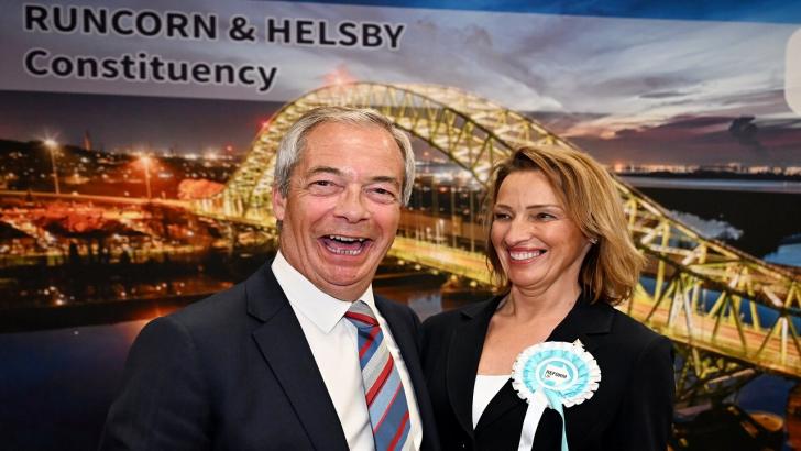 Sarah Pochin new MP for Runcorn with Nigel Farage Reform UK party leader